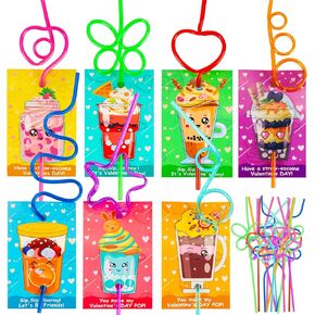 28 PCS Valentines Day Cards for Kids School with Crazy Loop Bendy Reusable Drinking Straws Bulk Toys Class Prizes Valentine Party Favors Supplies Classroom Exchange Cards Boy Girl Ideal Valentine Gift