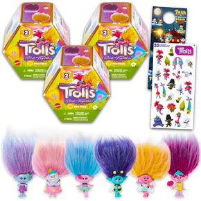 Trolls Pom Pom Blind Bag Party Set - حزمة من 3 ألعاب غامضة مع تمثال صغير مع ملصقات شعر زهيد ، المزيد | لوازم عيد ميلاد المتصيدون