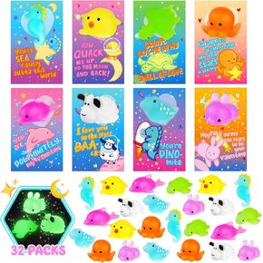 هدايا يوم عيد الحب للأطفال ، 32 بطاقات حزمة عيد الحب للأطفال مع Kawaii Squishy Toys Glow في Dark ، Valentine Exchange Gift for Boys Girls Toddlers Class Class Game Game