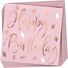 Blush Pink 'Happy Birthday' Hot Stamped Beverage Paper Napkins - Pack of 16 - Disposable, Perfect for Birthday Celebrations
