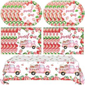 41 PCS Strawberry Birthday Decoration Summer Fruit Party Supplies Including Plates Napkins Tablecloth for Strawberry Fruit Girl Birthday Baby Shower
