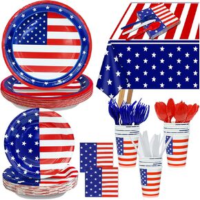 141 PCS 4th July Decorations Flag American Flag Party Party Supplies - Serve 20 - مجموعة من 40 لوحات 20 مناديل 20 كوبًا 1 مائدة ، 60 ملاعق زجاجة ، ديكور أزرق أبيض أحمر لاستقلال يوم الاستقلال
