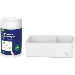 LOUKIN Whiteboard Accessories Bundle | Whiteboard Cleaning Wipes(100 Wipes) & Magnetic and Adhesive Marker Holder (White)