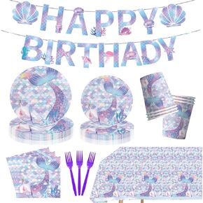 Mermaid Birthday Party Supplies, Includes Plates, Napkins, Cups, Forks, Banner and Tablecloth for Mermaid Themed Birthday Parties