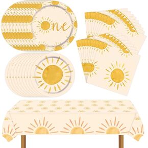 Boho Sun Party Decorations for Birthday Sun Party Tableware Includes Bohemia Sunshine Plates Napkins Tablecloth | Serves 20 Sun Party Supplies for Baby Shower
