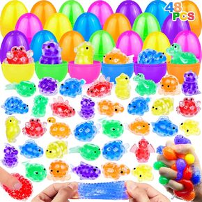 48 Pack Prefilled Easter Eggs with Squishies Toys (24 Animals Designs Dinosaurs, Sea Animals), Fidget Toys Stress Relief Squeeze Toys for Kids Easter Basket Essential Easter Egg Hunt Party Favors Gift