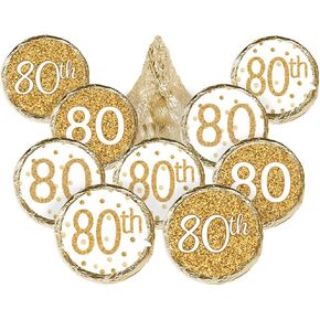 White and Gold 80th Birthday Party Favor Stickers, Chocolate Kisses Candy Stickers - 180 Labels
