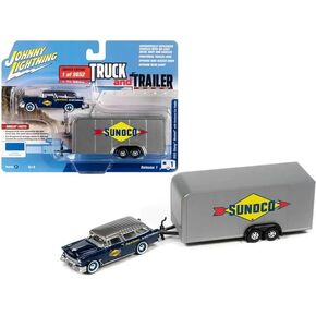 Johnny Lightning 1955 Chevrolet Nomad Sunoco Blue Metallic with Gray Top with Carned Car Trailer Limited Edition to 9652 VACER