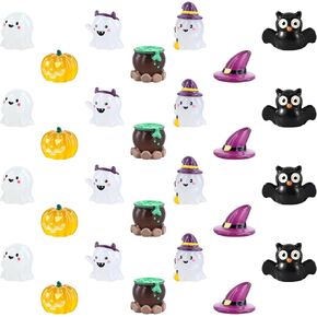 28pcs Halloween Resin Ornaments, Miniture Cute Halloween Garden Decor Mini Resin Figurines Pumpkin Magic Hat Ghost Green Potion Charms Party Gifts for Outdoor Garden House Decorations