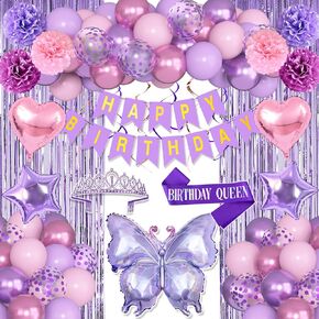 Ouddy Life Purple Pink Birthday Party Decorations for Women Girls, Butterfly Heart Foil Confetti Balloons Happy Birthday Banner Fringe Curtains Hanging Swirls Sash Crown Paper Poms Decor