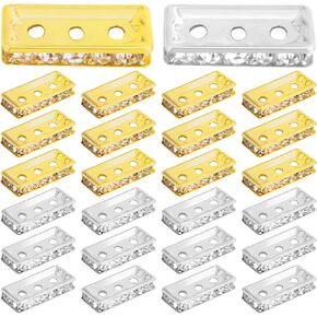60pcs Brass Rhinestone Spacer Bar Beads Square 3 Holes Crystal Spacer Bar Link Connectors Craft Accessories for DIY Multi Strands Bracelet Jewelry Making, 2 Colors