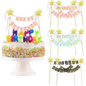 6 Sets Happy Birthday Cake Topper, Bunting Banner Glitter Cake Topper Cake Gold Star Flag Banner Cupcake Topper Cake Decoration for Boys Girls Birthday Party
