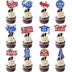24pcs 2025 زخارف التخرج ، قبعات الكب كيك الفوار ، غطاء Grad ، فئة من 2025 ديكورات حفل التخرج (Red+ Blue)