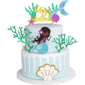 Alissar Glitter Mermaid موضوع كعكة عيد ميلاد Topper مع الأعشاب البحرية ، القبعات الكب كيك الكعك للبنات حورية البحر ديكورات كعكة عيد ميلاد (أسود)