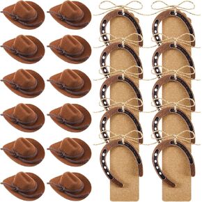 Hercicy 24 PCS زخارف الحزب الغربي 12 Mini Cowboy Hat 12 جيد محظوظ الخيول مع Kraft علامة لطيف روديو الكعكة لوازم Topper ل Cowgirl خمر الزفاف