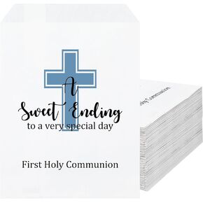 Sweetude 100 Pcs First Communion Treat Paper Bags, 5 x 7 Inch Baptism Cross a Sweet Ending Snack Bags for Religious Events Easter First Holy Communion Baptism Party Favor Candy Cookie Storage(Pink)