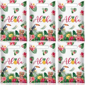 PerKoop 100 Pcs Hawaiian Plastic Gift Bags Aloha Summer Luau Favor Bags with Die Cut Handles for Tropical Tiki Hawaiian Aloha Party Supplies