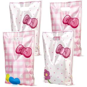 ADARRO Pink Cat Party Favor Bags 30 Pack, Cute Plastic Candy Treat Goodie Bags with Bow Tie and Flower Patterns for Birthday, Baby Shower