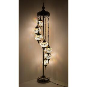 Turkish Moroccan DIY Floor Lamp Kit 7 Big Mosaic Glass Globes Vintage Bohemian Tiffany Style Decorative Floor Lamp (Colorful)