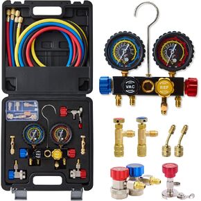 مقاييس التيار المتردد، مجموعة قياس مشعب التدفئة والتهوية وتكييف الهواء (HVAC) لـ R134 R22 R12 R502، مع محولات وصلات الخراطيم التي يمكن ثقبها، ومجموعة إعادة شحن الفريون