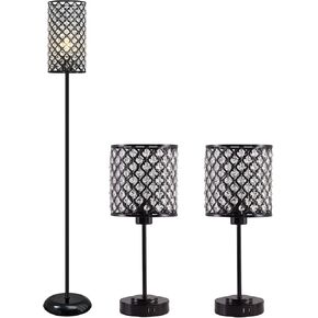 GyroVu Bedside Lamp and Floor Lamp Set, Black Crystal Table Lamp with USB Ports+Crystal Floor Lamps, Morden Lamps for Living Room, Bedroom, Office
