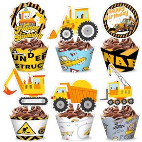 48PCS Construction Themed Birthday Party Decorations | 24PCS Cupcake Toppers 24PCS Cupcake Wrappers Party Favors Supplies Excavator Centerpiece Table Gifts for Boys Girls Carnival Prizes