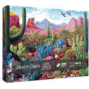 Desert Cactus Oasis Puzzles for Adults 1000 Pieces Nature, Beautiful Plant Landscape Art Jigsaw Puzzles, Bird Flower Animal Painting Puzzle As Home Decor