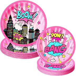 Pickmesh 60 Pcs Hero Girl Birthday Party Paper Plates and Pink Comic Girl Dessert Plates Party Decorations for Hero Theme Birthday Baby Shower