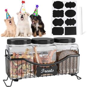 68 oz Dog Treat Container,Dog Food Storage Container with Wire Frame,Dog Treat Jar 3 Piece Set,Airtight Dog Treats Bin,Cat Dog Biscuit Dispenser,Cat Treat Jar for Kitchen Counter