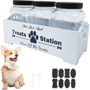 Minboo Bamboo Dog Treatment Container Food Contage لتخزين الكلاب الغذائية مع 3 الجرار معالجة الكلاب البلاستيكية ، حاوية قابلة لإعادة الاستخدام للقطط ، منظم تخزين المعالجة للحيوانات الأليفة (وايت 3 الجرار البلاستيكية)