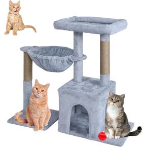 FluffyDream 31 Inch Small Cat Tree Tower for Indoor Cats, Plush Cat Tower with Large Condo, Deep Hammock and Sisal Scratching Post for Kittens, Beige
