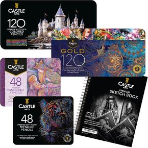 Castle Arts Premium Colorist Tin Bundle-338 قطعة فن مع أقلامًا ملونة غنية و 2 كراس