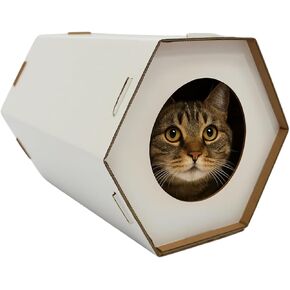 Cardboard Cat House for Indoor Cats – Foldable Cat Cardboard Box, Condo & Castle, Hexagonal Cat House for Kittens & Small Cats – Lightweight, Durable, Modern White Design (15.75" x 12.4")