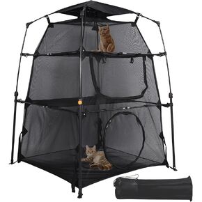 حاوية القط هريرة و Cat Playpen للداخلية والمحمولة والقابلة للطي قفص القطط 3 ، وخيمة برج القط مع Sunshade قابلة للإزالة ، أسود