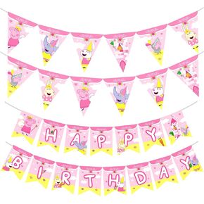 Treasures Gifted Officially Licensed Princess Peppa Pig Birthday Decorations - Set of 3 Pre-strung Banners - (1) Happy Birthday Banner & (2) Pennants - Peppa Pig Party Supplies