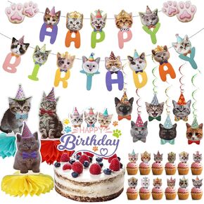 33 Pcs Cat Birthday Party Decorations, Happy Birthday Banners Hanging Swirl Honeycombs Cake Cupcake Toppers for kids Cat Themed Party Decorations Supplies