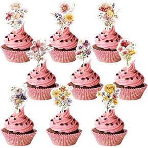 36pcs Wildflower Cupcake Toppers, Baby Shower Decorations Flower Cupcake Toppers Floral Cake Decor for Party Wedding (Style-1)