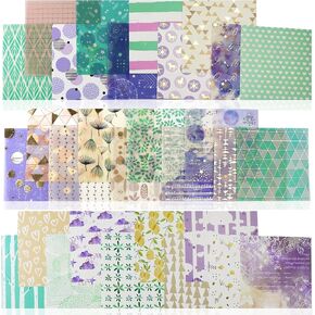 Background Paper 30pcs for Scrapbooking 6x6 Inch Fairy Transparent Zentangle Violet Purple Cardstock Green Geometry Gold Glitter Journals Ephemera Decorative Collage Stationery by CATaireen