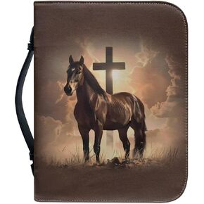 Talayituse Horse Cross Print Faux Leather Bible Cover for Men Women, Christian Zipper Bible Case with Handle Carrying Book Cover Study Bible Tote Bag, L