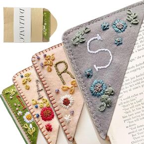 Dalianlc 26 Letters Personalized Hand Embroidered Corner Bookmark Cute Flower Embroidery Corner Book Marker Handmade Stitched Felt Triangle Corner for Book Reading Lovers Gift (K, Winter)