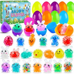 24 Pack Prefilled Easter Eggs with Toys, Filled Plastic Easter Eggs for Kids with Bunny Chicken Squeeze Balls Easter Basket Stuffers for Kids Easter Egg Hunt Party Favor