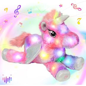 Hopearl Colorful LED Musical Stuffed Unicorn Lighting Up Singing Plush Toy Adjustable Volume Lullaby Animated Soothe Birthday Festival for Kids Toddler Girls, Rainbow, 16''