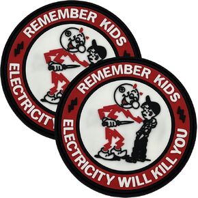 Bundle 2pcs Remember Kids Electricity Will Kill You Patch, 3D PVC Rubber Tactical Morale Patches, 3.15" Inches, Hook Loop Fastener for Backpack, Caps, Hats, Vest, Military Uniforms Jeans