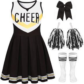 Cheerleader Costume for Girls Cheerleader Outfit for Kids Cheerleading Dress with Pom Poms for Halloween Dress Up