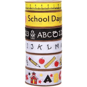 Back to School Themed Grosgrain Ribbon Ruler School Bus Apple ABC Pencil Backpack Books Chalkboard Printed Craft Ribbons for Teacher Appreciation,Wreath,Gift Wrapping (6 Rolls 30yards)
