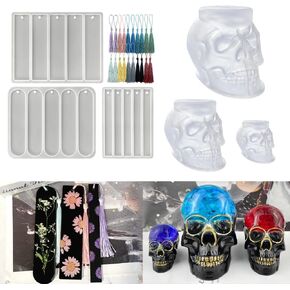 RESINWORLD Set of Large + Medium + Small 3D Skull Resin Molds + Set of 3 Shiny Bookmarks Silicone Mold