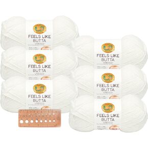 Lion Brand Yarn - Feels Like Butta - 6 Pack with Needle Gauge (White)