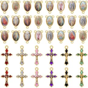 60Pcs/30Set Rosary Kits Cross and Center Medal Charms Alloy Picture Religion Enamel Oval Virgen De Guadalupe Links Connector Charm Pendant for Diy Jewelry Making Supplies