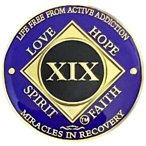 NA 19 Year Golden Color Plated Medallion, Recovery Coin, NA Token, Narcotics Anonymous Recovery Chip