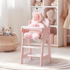 ROBUD Baby Doll High Chair, Pretend Play High Chair with Seat Belt, White Wooden Baby Doll Accessories with Movable Tabletop, Fits 18-20 Inch Dolls, WRP27